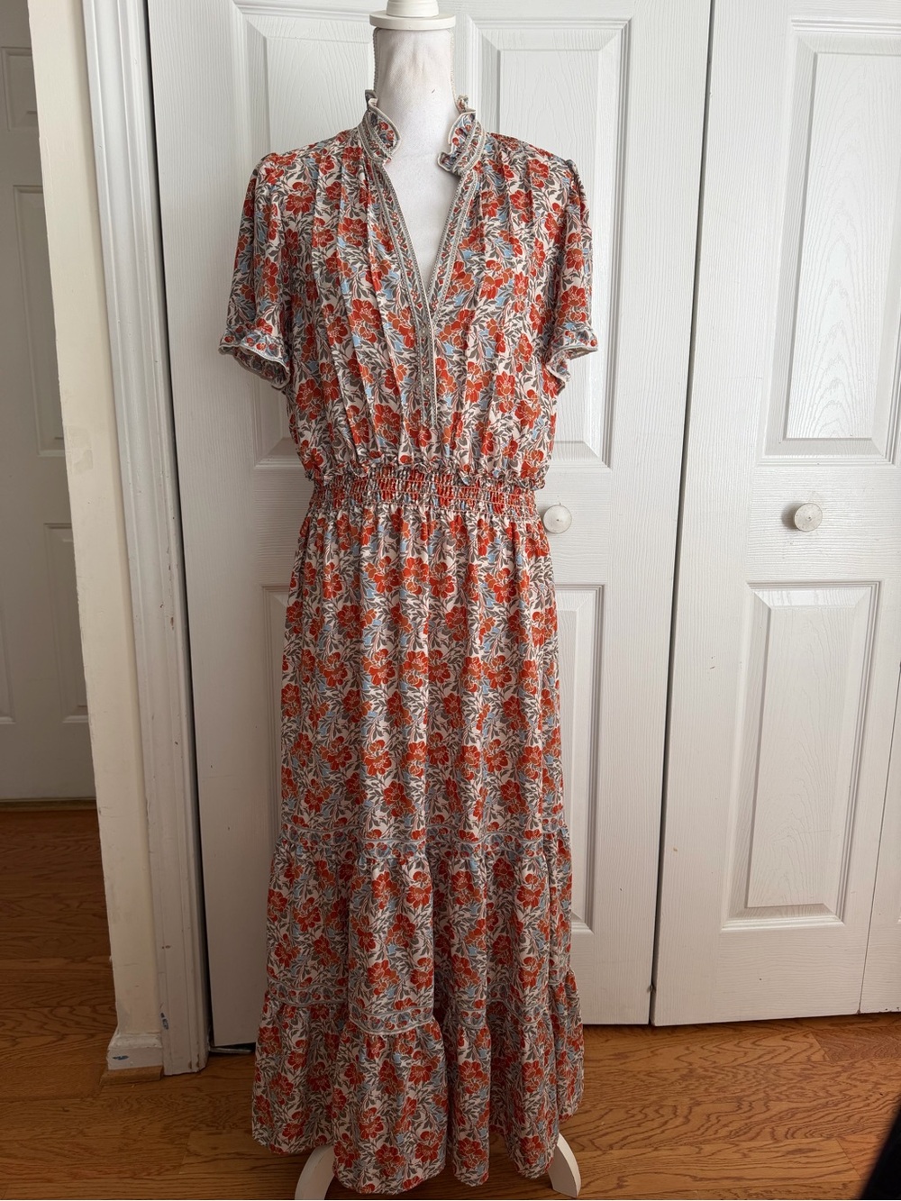 Max Studio Orange Cream Floral Maxi Dress Size XL Boho Ruffle V-Neck Peasant EUC